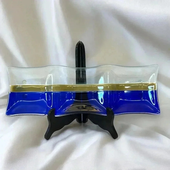Vintage Sectioned Handblown Deep Blue Decorative Sushi Dish - Picture 1 of 3
